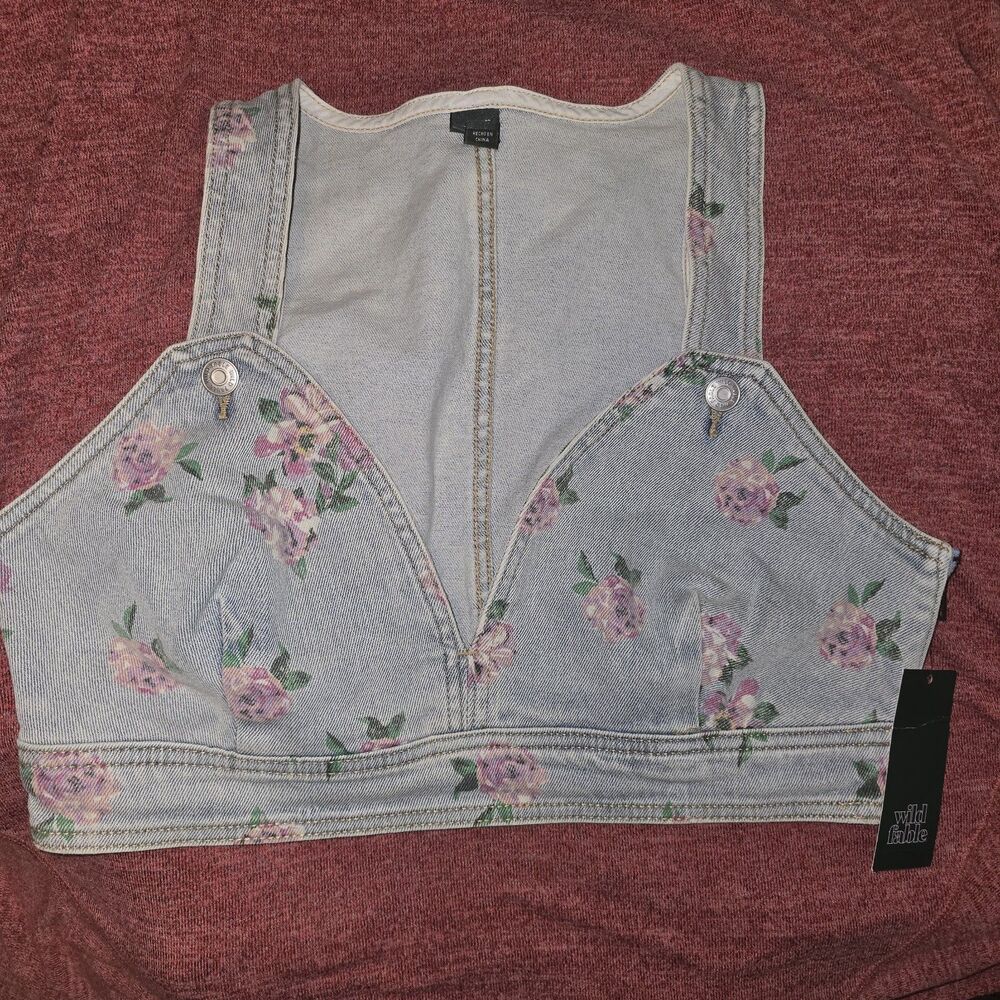 Wild Fable NEW M Teen Crop Denim Jean Bralette Floral Coquette Light Wash Bikini